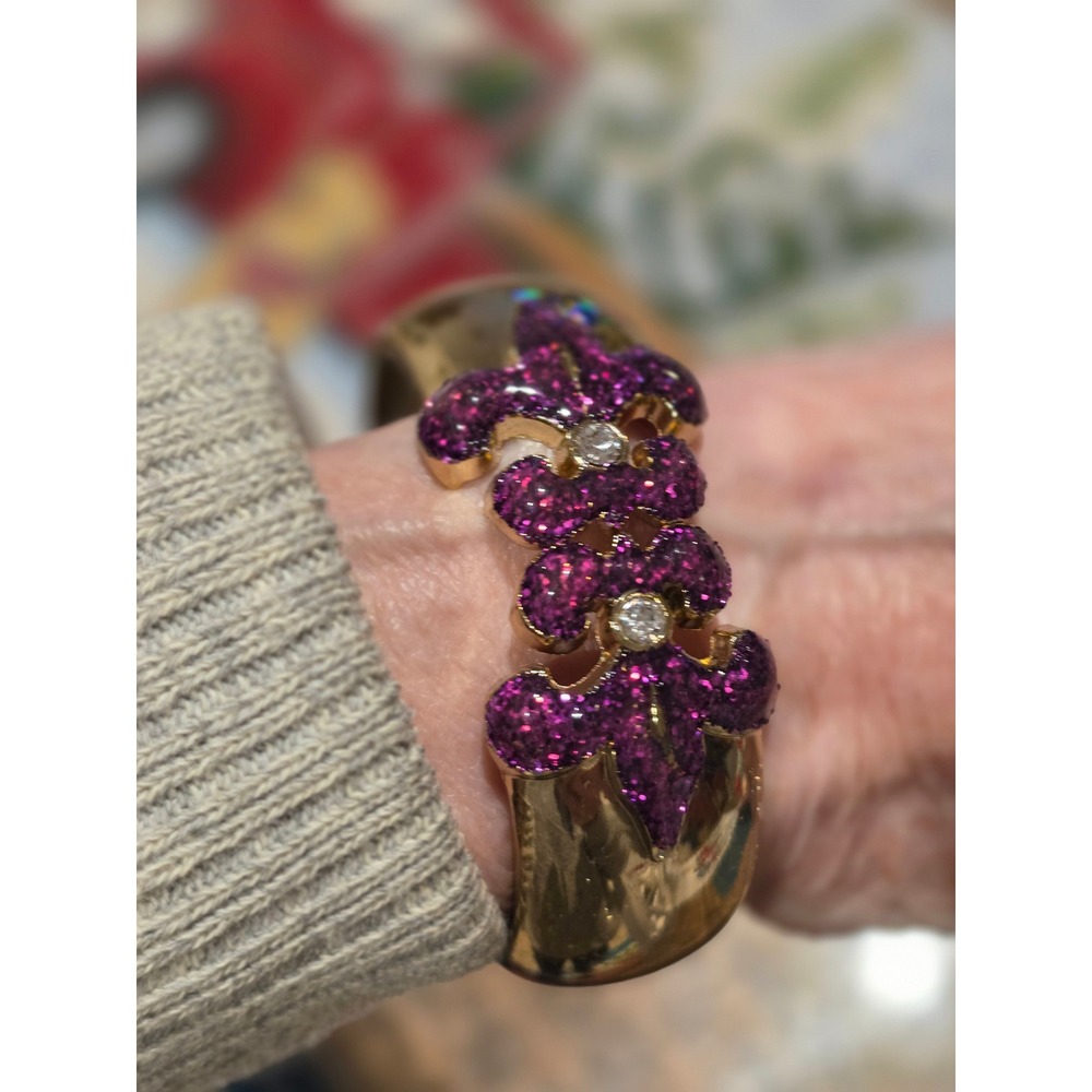 Gold Tone Bangle Bracelet Purple Crystal Fleur de Lis Embellished Hinged